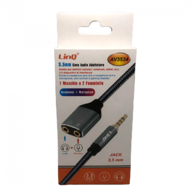 Adaptateur Audio Jack 3.5mm Mâle / 2 Jack 3.5mm Femelle (Casque + Micro) Nylon Tressé LinQ AV3534 — LinQ · Smarty Paris 18e
